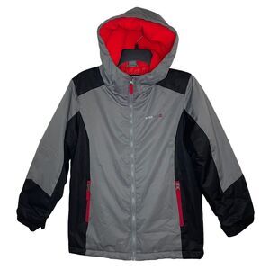 Swiss Tech Coat Jacket Size 10/12 Girls Grey Black Red with Hood and Zip Pockets